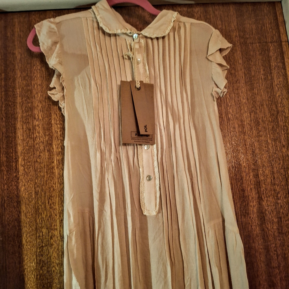 POL Beige Pleated Mini Dress with Ruffle Sleeves